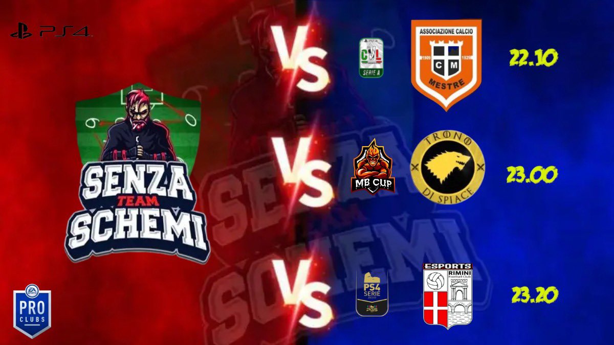 JonnyFontana (@jonnyfontana) on Twitter photo MATCH DAY โฝ๏ธ๐ฅ
<a href="/CVL_ITALY/">CheTorneo Virtual League #ProClub #NoProfit</a> VS @acmestreesports
MBARE CUP VS <a href="/TSpiace/">Trono Di Spiace</a>
@PGS_ITALIA VS <a href="/RiminiFCeSports/">RIMINI FC E-Sports</a>
โค๏ธ๐FORZA SENZASCHEMIโค๏ธ๐ MATCH DAY โฝ๏ธ๐ฅ
<a href="/CVL_ITALY/">CheTorneo Virtual League #ProClub #NoProfit</a> VS @acmestreesports
MBARE CUP VS <a href="/TSpiace/">Trono Di Spiace</a>
@PGS_ITALIA VS <a href="/RiminiFCeSports/">RIMINI FC E-Sports</a>
โค๏ธ๐FORZA SENZASCHEMIโค๏ธ๐