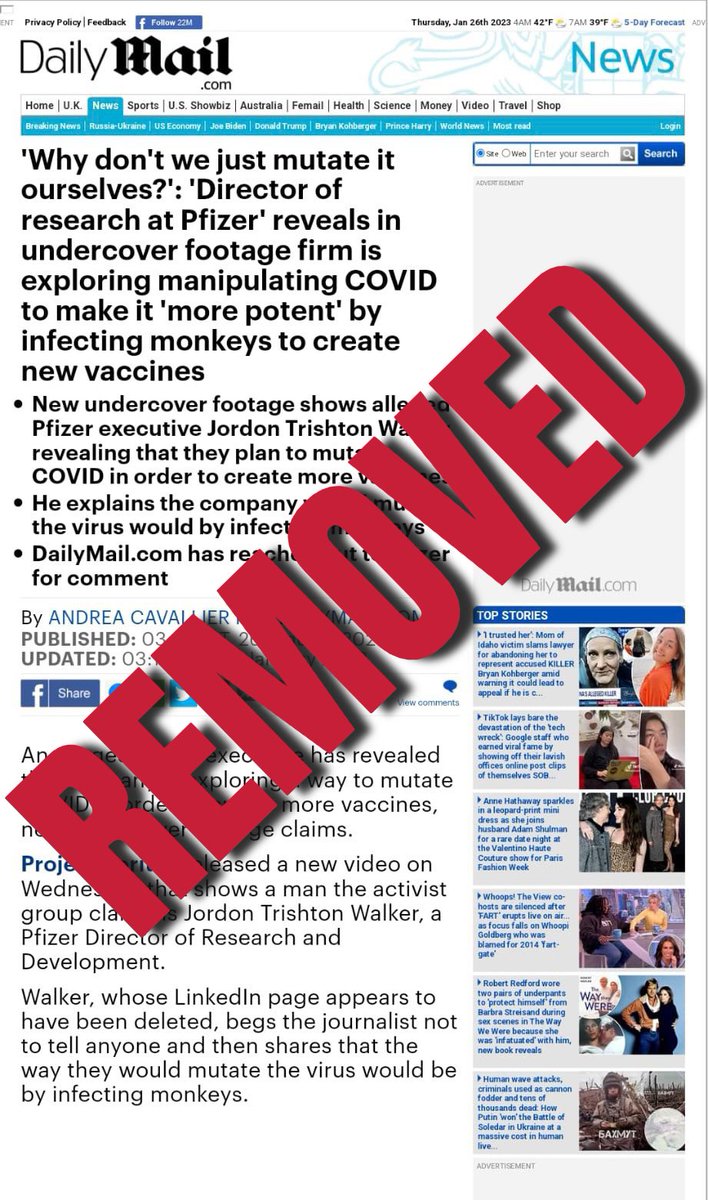 healthbyjames's tweet image. 🚨URGENT — Why did Daily Mail take down this story shortly after Project Veritas blew the whistle on Pfizer’s plan to mutate SARS-CoV-2 to make new mRNA COVID vaccines?

archive.is/jbawq