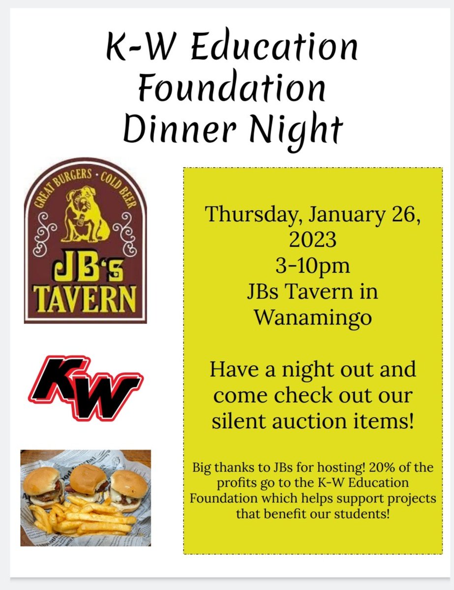 KWEDFOUNDATION's tweet image. Tonight is the night! Join us at JB’s in Wanamingo from 3:00-10:00, when 20% of the sales will be donated to the KWEF!! We will also have an awesome silent auction going!
