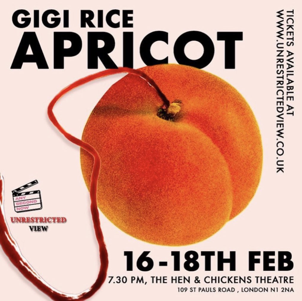 Any Second Now is thrilled to announce their next show: 

Apricot by Gigi Rice 

Cast: 
Phoebe Campbell as Angel 
Lucy Nicholson as Gina 
Finlay Vane Last as Caleb 

Directed by Sarah Cameron-West and Hannah van der Westhuysen 

Tickets: 
unrestrictedview.co.uk/apricot-by-gig…