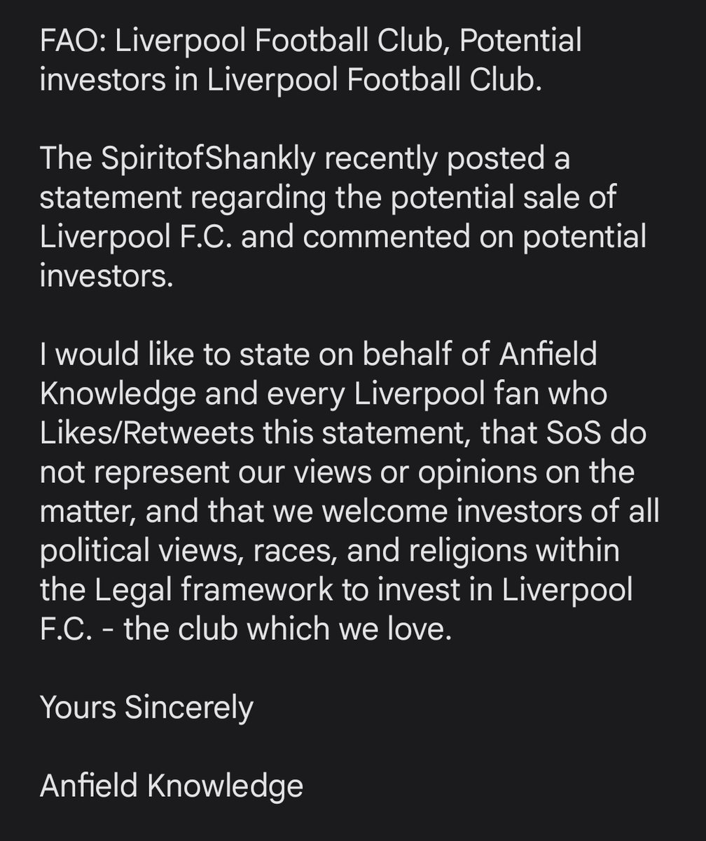 OFFICIAL STATEMENT: 

On behalf of all #LFC fans who Like ❤️ or Retweet ♻️ this Tweet: