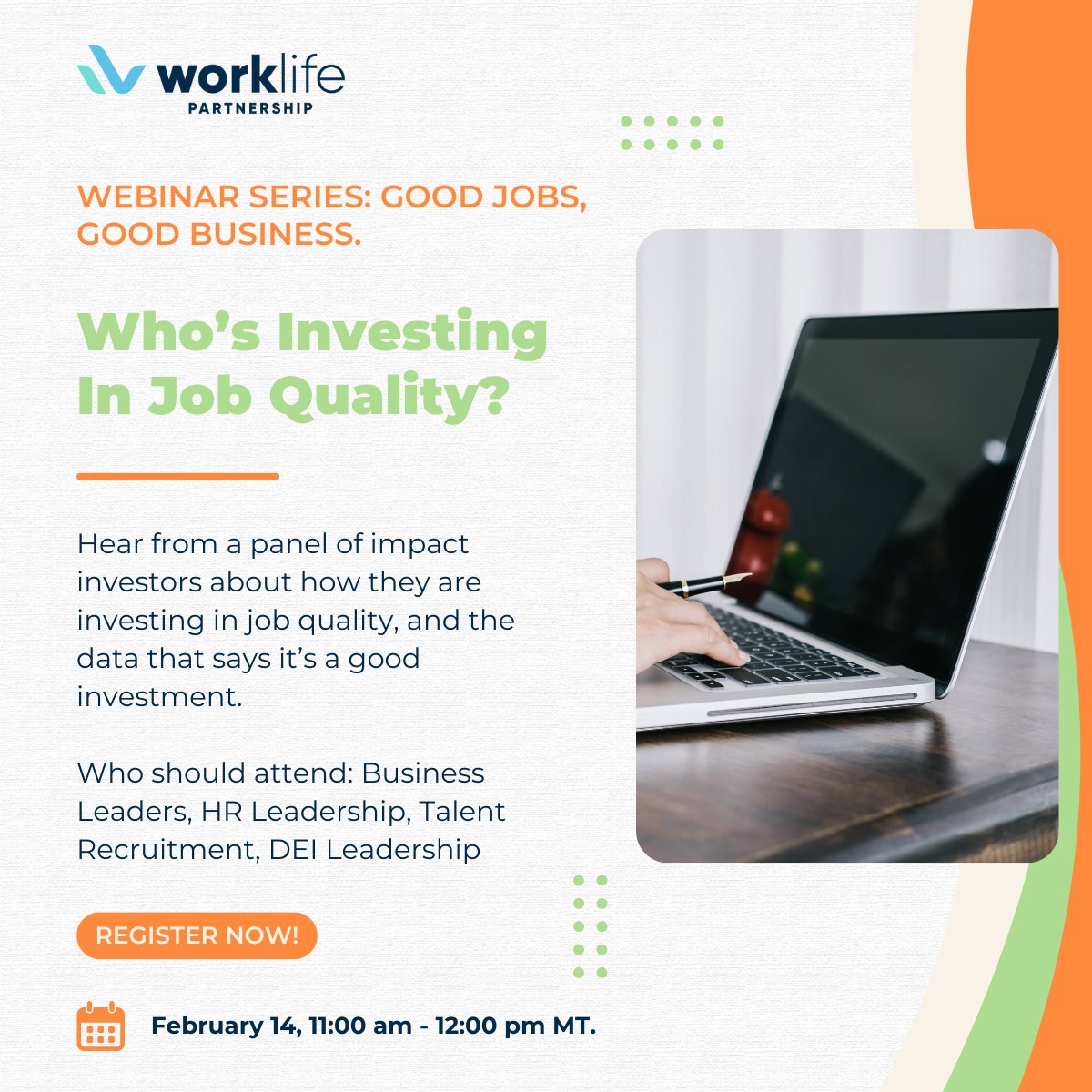 WorkLifePartner's tweet image. Who’s Investing In Job Quality? is the final webinar in our 4-week series on February 14th from 11:00 am - 12:00 pm MT. Hear from impact investors about what they are looking for and why they invest in businesses improving job quality. Register here: us06web.zoom.us/webinar/regist….