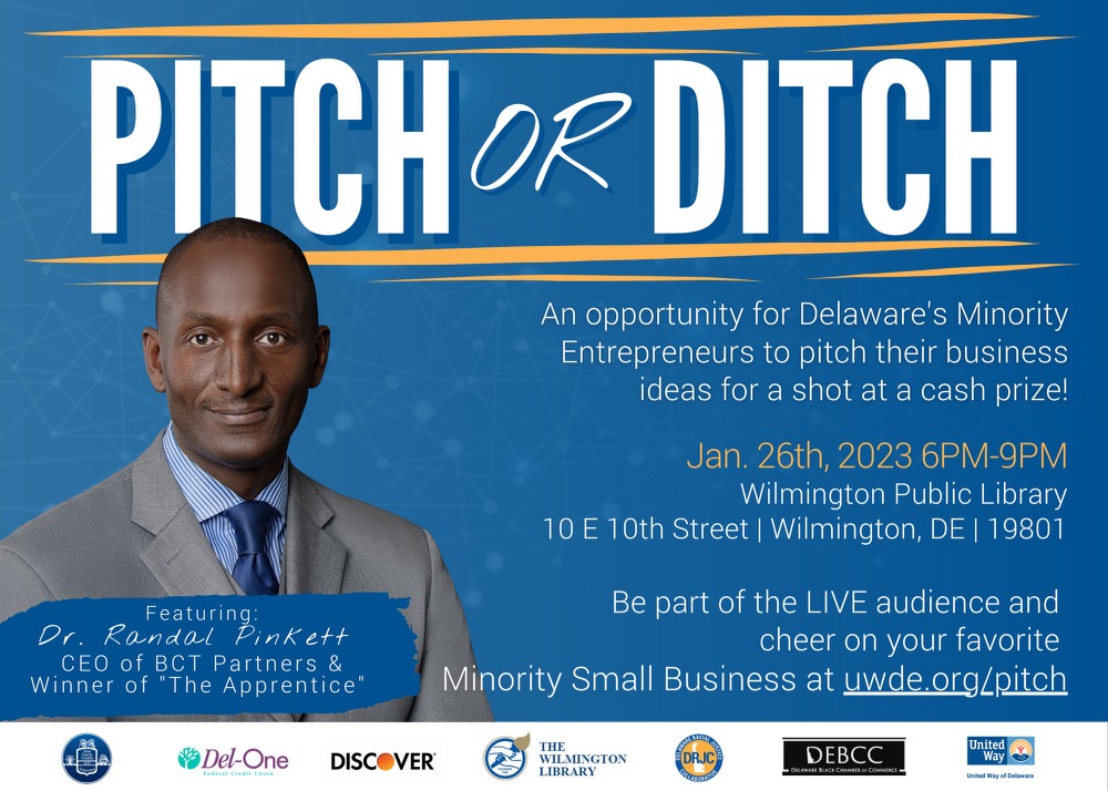 randalpinkett's tweet photo. Attention Greater Delaware! Please join me TONIGHT at 6 pm as I emcee the second annual "Pitch or Ditch" sponsored by my friends at the Delaware Black Chamber of Commerce @TheDebcc Register: https://t.co/VJEvtW08oQ #DEBCC #PitchOrDitch #MinoritySmallBusiness #Entrepreneurship https://t.co/a2jPlHCxbX