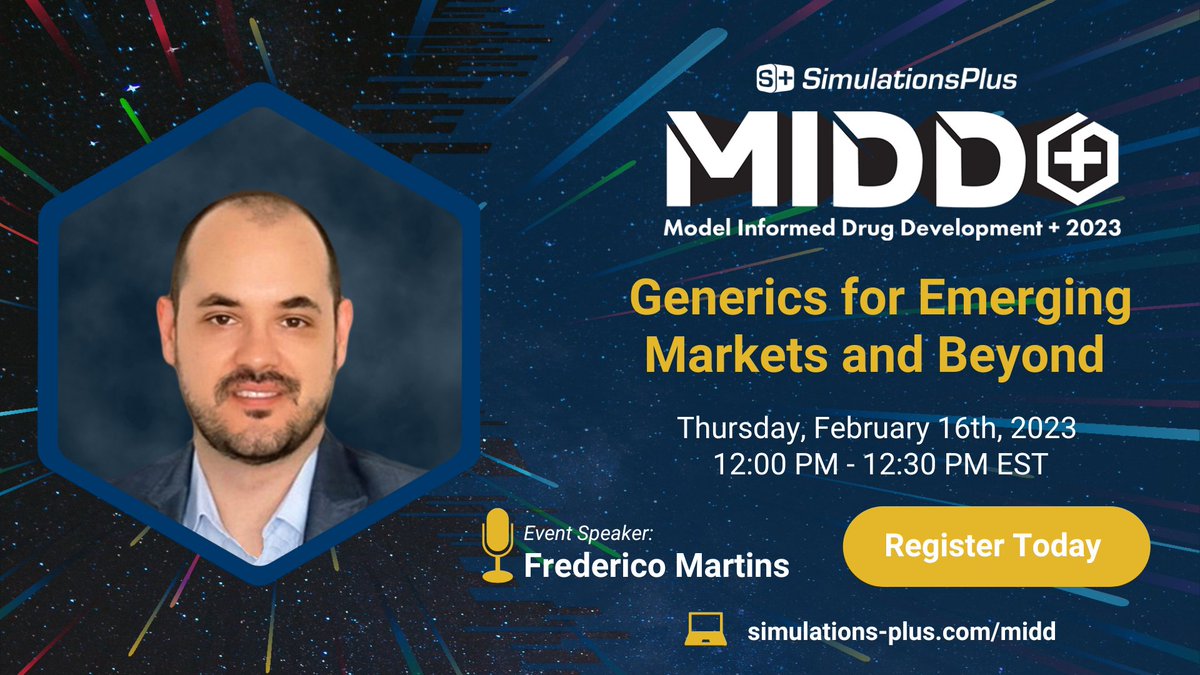 SimulationsPlus's tweet photo. Join Principal Scientist & Scientific Lead (South America), Frederico Martins for his MIDD+ presentation on Thursday, February 16th, 2023. Only 20 days left until MIDD+ 2023, register here: https://t.co/5HiHqnHTZ9
#SimulationsPlus #SLP2023MIDD
#modelinformeddrugdevelopment https://t.co/HPLMRJSzFk