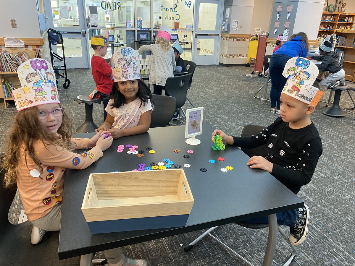 frazierskinders's tweet image. Happy 100th day of school! Library STEM stations @legitmrswhitt @AshleyElem
