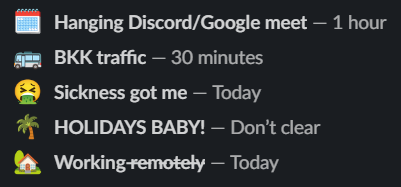 Had a moment, updating our <a href="/SlackHQ/">Slack</a> statuses, waiting for someone to go .. uhm what happened?!
I need more ideas, what's yours? 🤓