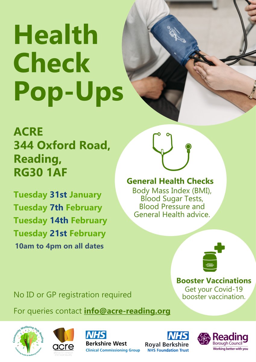 Spread the word!

We will be organising FREE General Health Checks and Booster Vaccinations from Tuesday 31st January until Tuesday 21st February!

No ID or GP registration required - just come as you are!