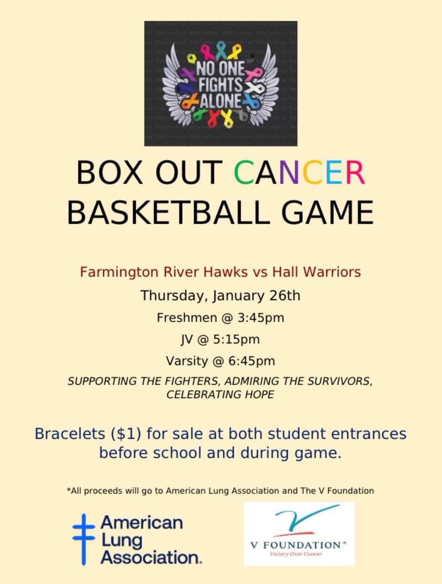 The girls are hosting a BOX OUT CANCER game vs Hall tonight!!!!!  

Come out to FHS and show your support for the girls and the cause. 

Continue to fight for a cure, admire survivors and celebrate hope! 🏀