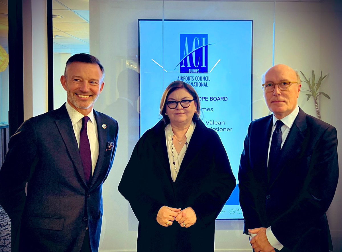 A great pleasure to welcome &amp; exchange with <a href="/AdinaValean/">Adina Valean</a> EU Transport Commissioner today with our President Javier Marin &amp; <a href="/ACI_EUROPE/">ACI EUROPE</a> Board - shared priorities on sustainable air connectivity &amp; plenty of challenges: SAF &amp; ETS, taxonomy, airport slots, TENT-T, External Relations