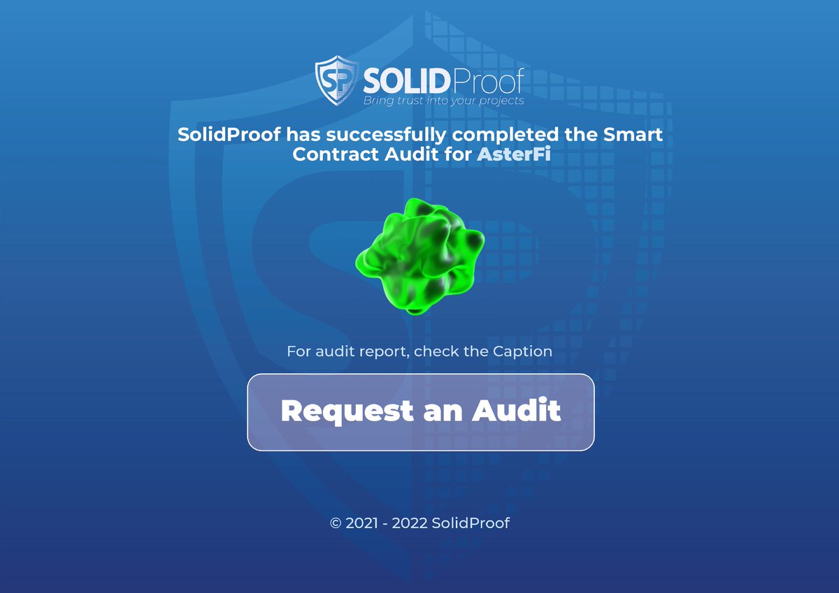 SolidProof_io's tweet photo. We are happy to announce that we have completed the smart contract audit for @asterfinft

Need an audit?
https://t.co/i3evxJTtOP

Check out the full audit report here:
https://t.co/Va7IZLyvBQ

#SmartContracts #Blockchain https://t.co/apk9AdyOzP