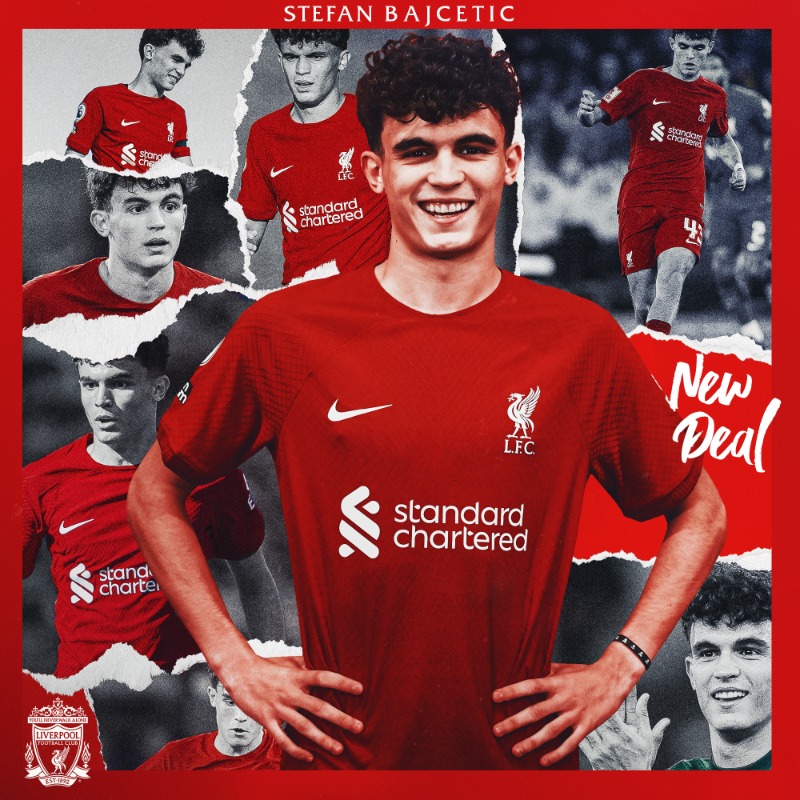 LFC's tweet photo. Stefan Bajcetic has signed a new long-term contract with the Reds 🙌🔴