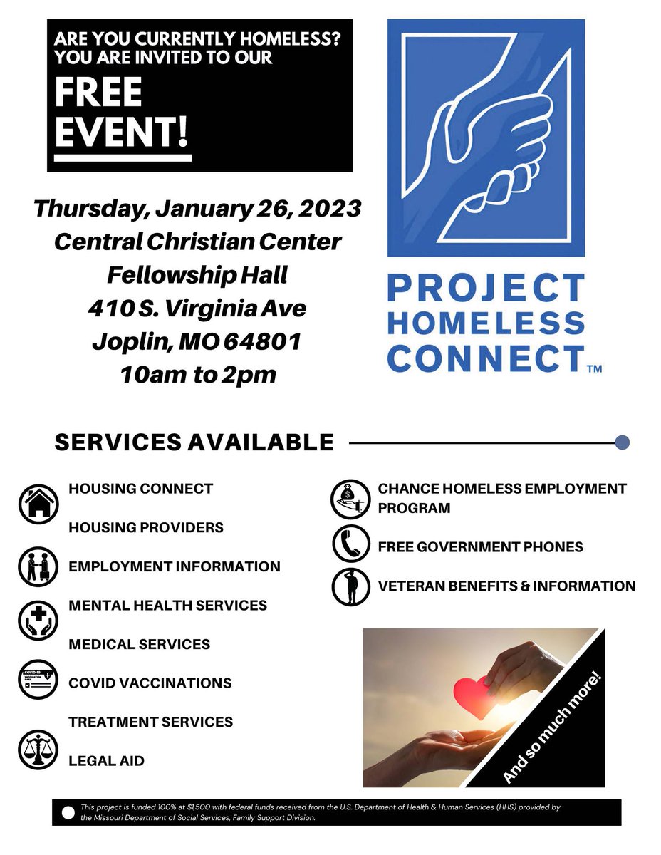 We're reaching out today at the Joplin Homeless Connect event, 10 AM to 2 PM. We'll have onsite today staff from our housing, Maternal &amp; Family, and Veterans Services programs. Location: Central Christian Center Fellowship Hall, 410 S. Virginia Ave., Joplin, MO 64801.

#outreach