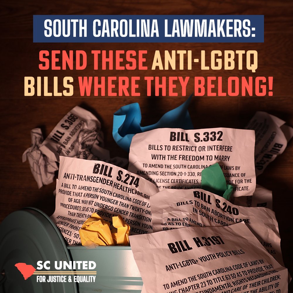 SC United for Justice & Equality (@SCUnited_LGBTQ) on Twitter photo 2023-01-26 15:59:48 A barrage of anti-LGBTQ+ bills has been proposed in South Carolina this session – including an abortion ban being debated today. Let's come together to urge legislators to vote NO on all of these discriminatory, cruel bills. Take action and RT: bit.ly/3wvMLNd #LGBTQinSC A barrage of anti-LGBTQ+ bills has been proposed in South Carolina this session – including an abortion ban being debated today. Let's come together to urge legislators to vote NO on all of these discriminatory, cruel bills. Take action and RT: bit.ly/3wvMLNd #LGBTQinSC