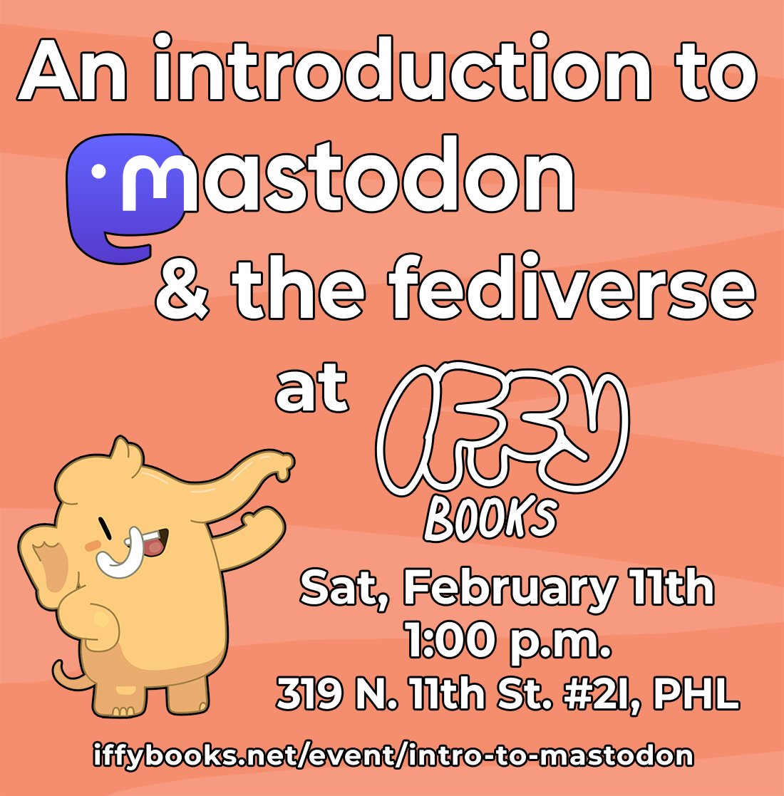 Are you curious about Mastodon and the fediverse? Join us Saturday, February 11th at 1:00 p.m. for a hands-on workshop with <a href="/skyfaller/">Skyfaller ige</a>, an admin and mod at jawns.club. Register here! iffybooks.net/event/intro-to…