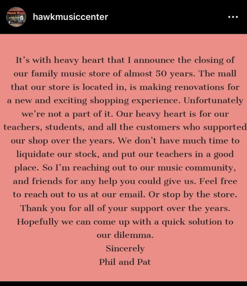 Hawk Music, and maybe others, are being pushed out at the Westgate Mall in Bethlehem. Hawk has been there for decades!! :(