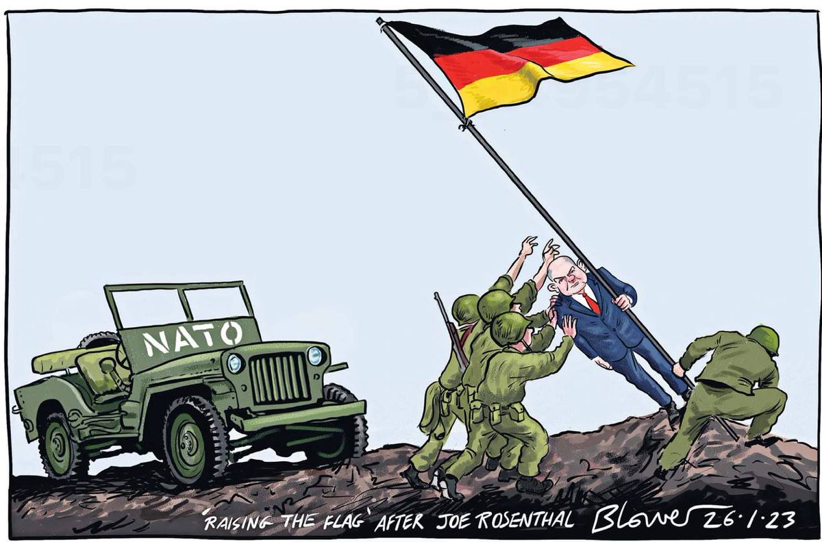 Los anglosajones no solo doblegaron al canciller alemán para que enviara sus tanques a combatir contra #Rusia, sino también se burlan de #Scholz por haberse dejado doblegar. Aquí una caricatura del diario británico The Daily Telegraph. Este es el lugar de la Alemania de hoy.