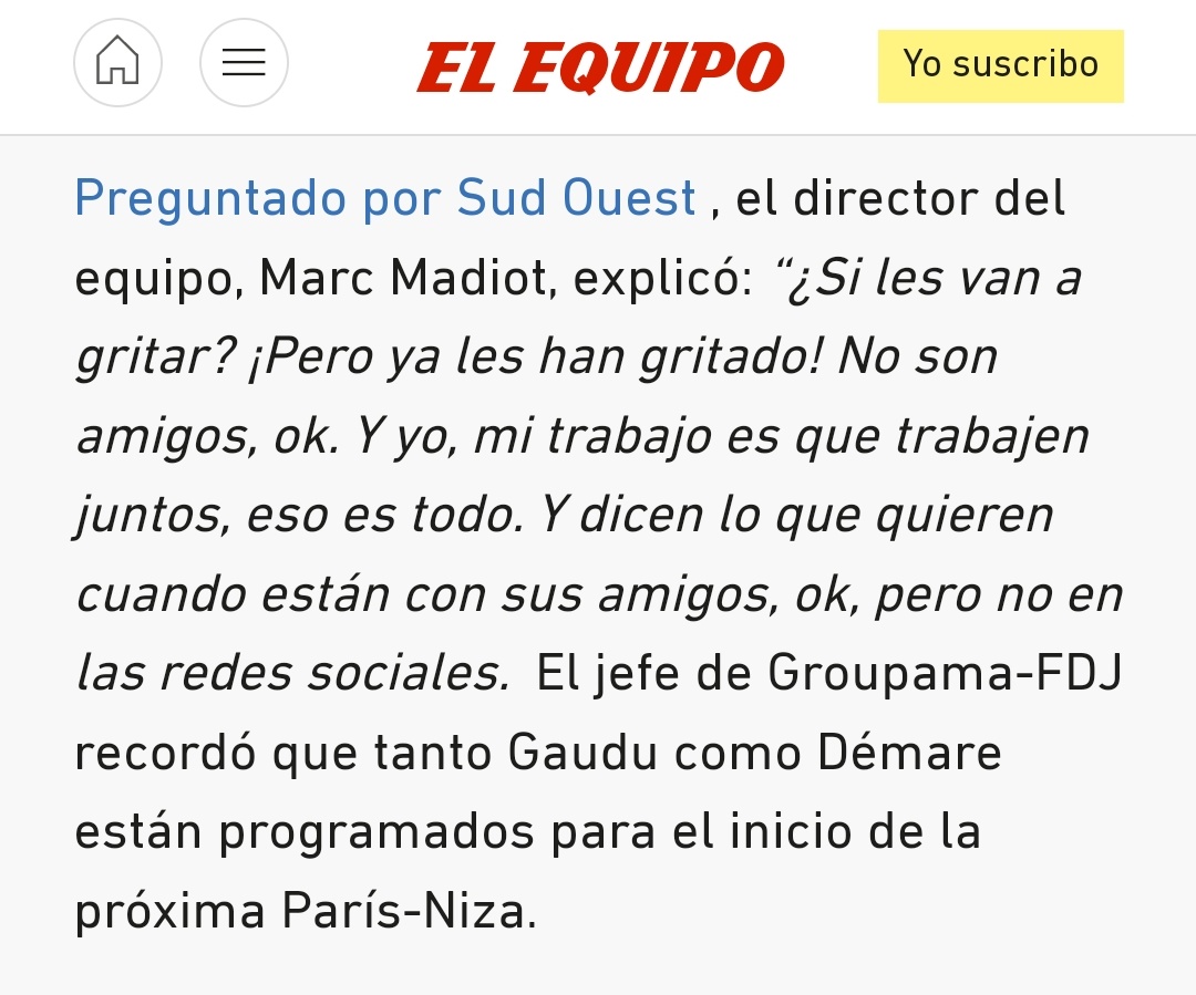 mikeilundain's tweet photo. ¿Guerra civil en la FDJ?
Madiot estará contento, creo que se le escucha gritar a Gaudu desde mi casa.

Por cierto, me encanta que Google traduzca hasta L'Equip 🤣🤣🤣 https://t.co/qx0QoM2T7I