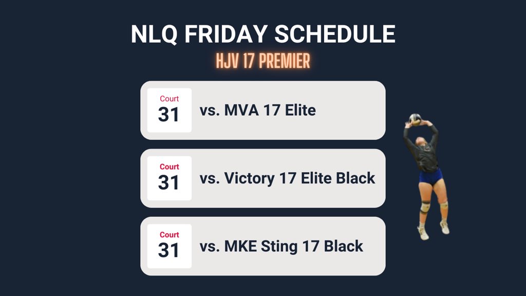 Friday’s Schedule for NLQ! So excited to play and compete with my girls this weekend! #hjvproud #17premier #striveforexcellence