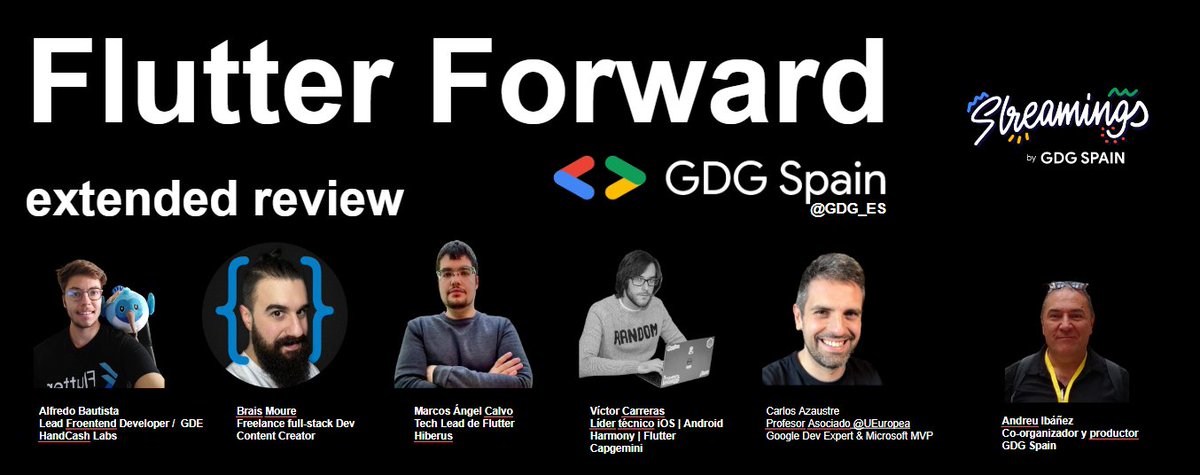 andreuibanez's tweet image. A las 19:00 el flamante nuevo @GoogleDevExpert @alfredobs97 de #Flutter nos guiará en las novedades del #FlutterForward , que hoy repite en versión extended a las 19:00 en el canal de Youtube del @GDG_ES youtube.com/live/88SYLiojz…