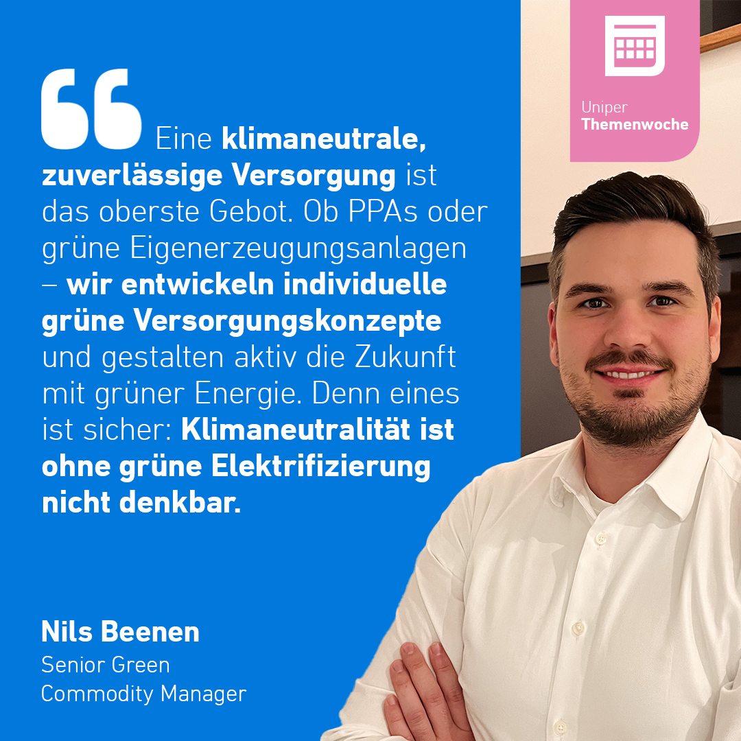 UniperGermany's tweet photo. #UniperThemeWeek - Nils Beenen, Senior Green Commodity Manager, gibt uns seine Meinung dazu, wie mit #greenpower eine klimaneutrale und zuverlässige #Stromversorgung für die Zukunft sichergestellt werden kann. https://t.co/7mChv6Coxs