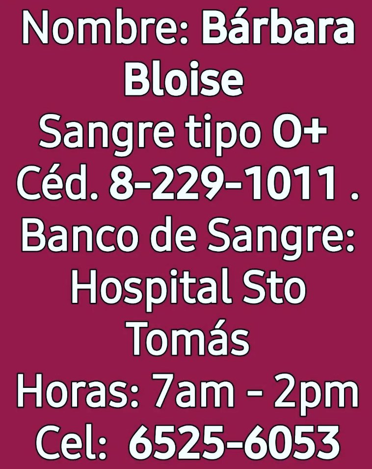 IsaacLarrier's tweet photo. Se requiere sangre tipo "O POSITIVO" (O+) para la profesora y periodista Bárbara Bloise.
Información y detalles en la imagen adjunta. https://t.co/rAttvbY2JD