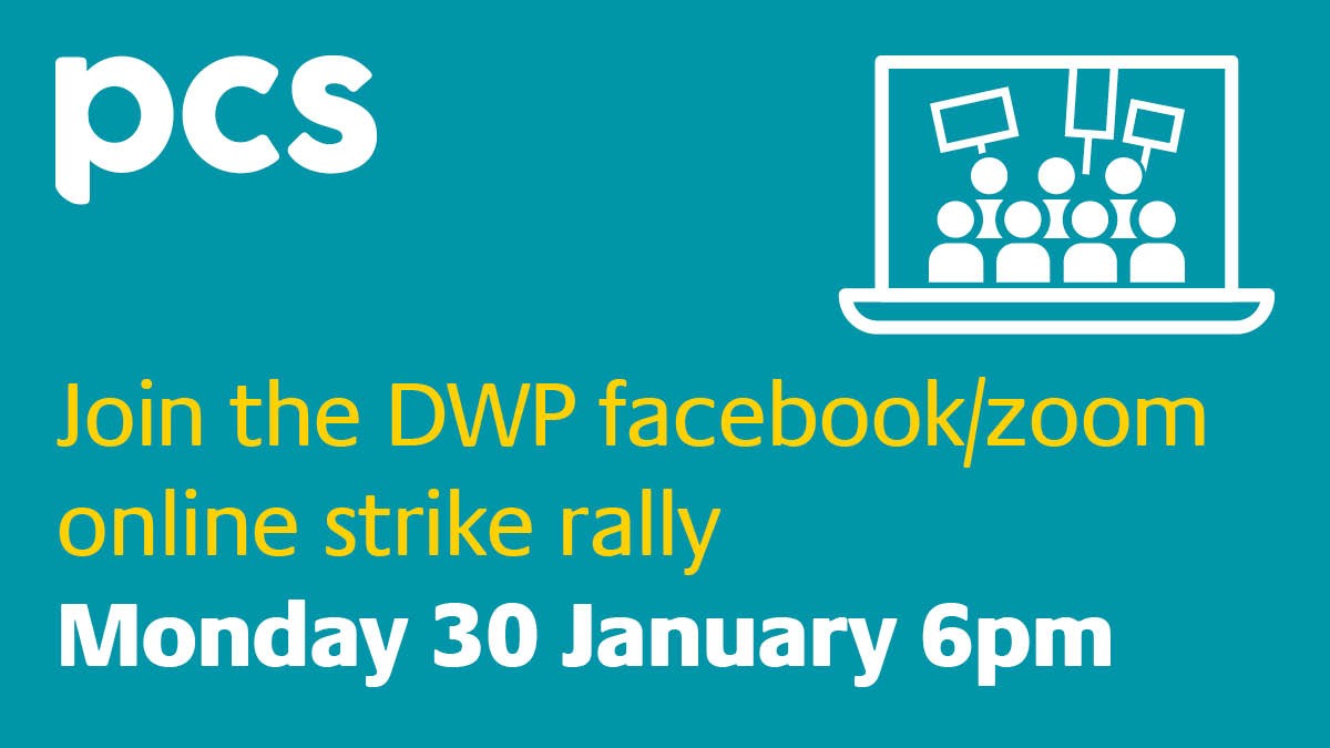 pcs_union's tweet photo. Never been on strike before in the DWP? 
Join our Strike Rally on 30th January at 6pm to find out what to expect.
Tune in here:https://t.co/d1D772vJdc
#pcsonstrike #BlameTheGovt #RightToStrike https://t.co/cOHtcn8Mmm