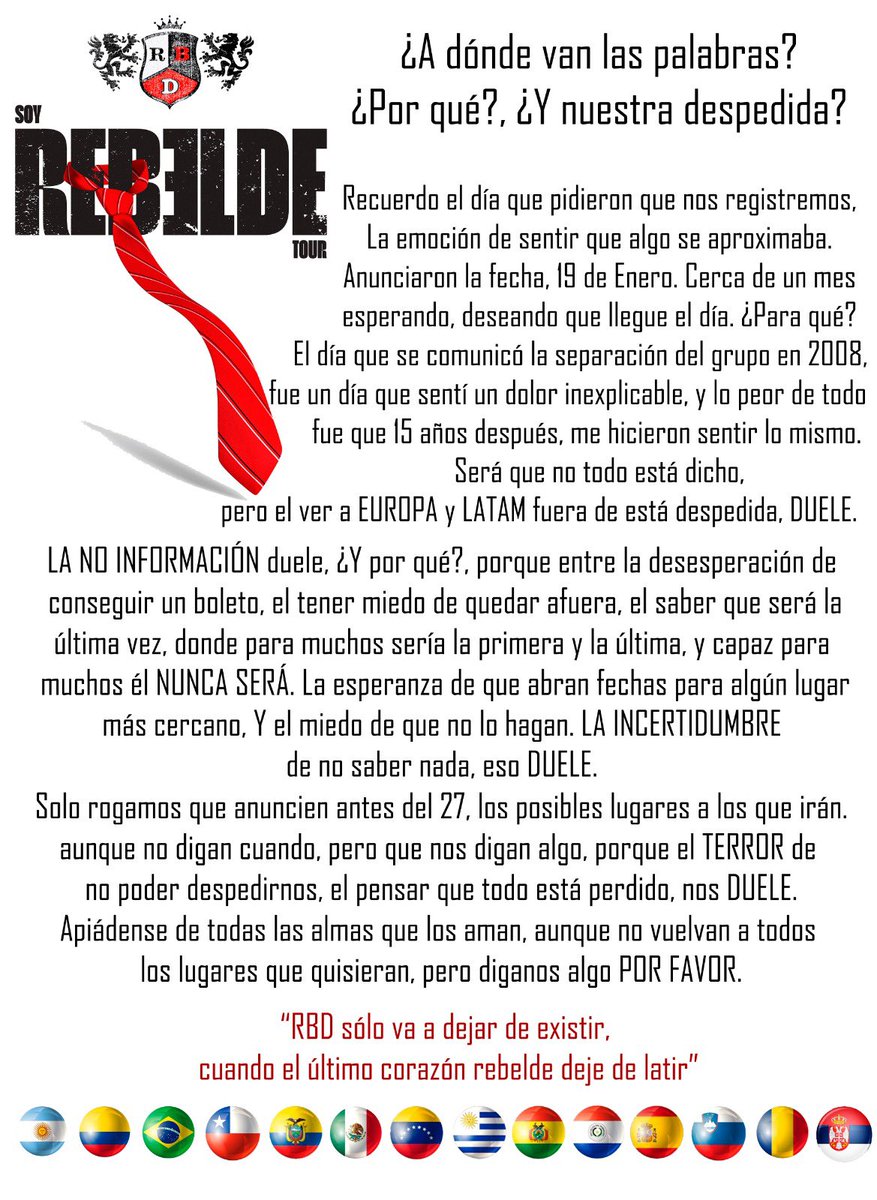 fancirbdarg's tweet photo. Carta de un fan cuyas palabras nos representa a todos nosotros. GRACIAS @RBDlomejoryofer. 

Espero que este mensaje llegue a todo el mundo y a las personas involucradas 🙏
@billyrosas @T6Hent @RBD_oficial @Anahi @christopheruck @christiancha @maiteperroni @DulceMaria https://t.co/9T2ePPKAJD