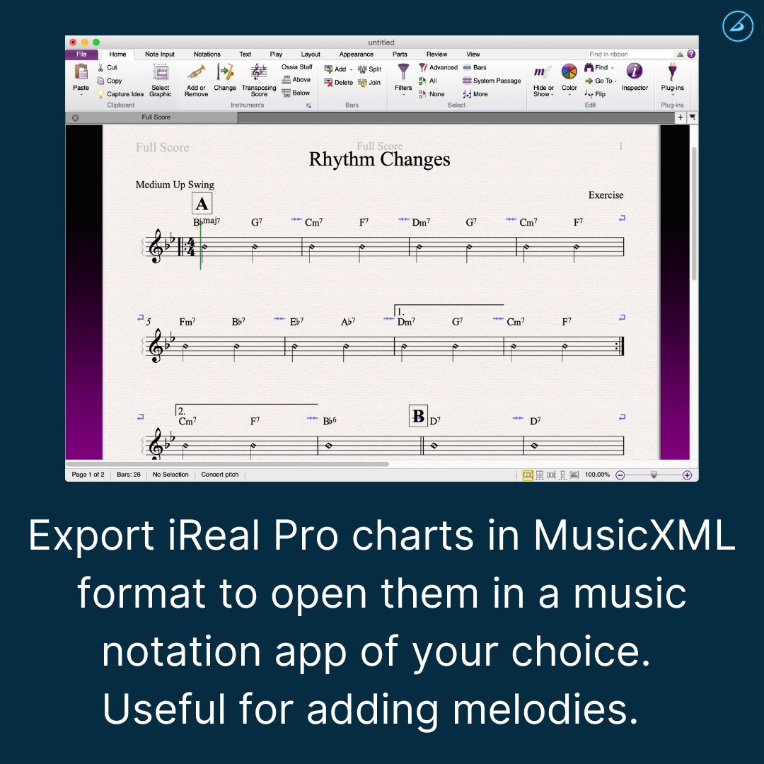 Do you need to make a chart? 
Save some time and export the song from iReal Pro in MusicXML format. 
You’ll have the form of the song and the chords already, just quickly add the melody.
More info: irealpro.com/blog/exporting…
#irealprotutorial #writeachart #musicnotation