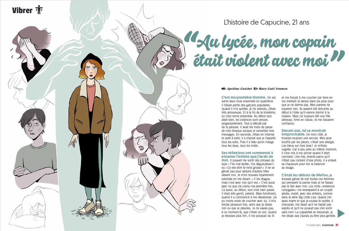 Apoll1ne's tweet photo. "Je m’étais résignée, je n’avais plus confiance en moi et au lycée, les autres valorisaient le fait qu’ils nous aient toujours vus ensemble" 
📣 Le témoignage de Capucine sur les violences dans le couple qui arrivent aussi à l'adolescence, à lire dans @MagPhosphore https://t.co/o6phYBnZcS