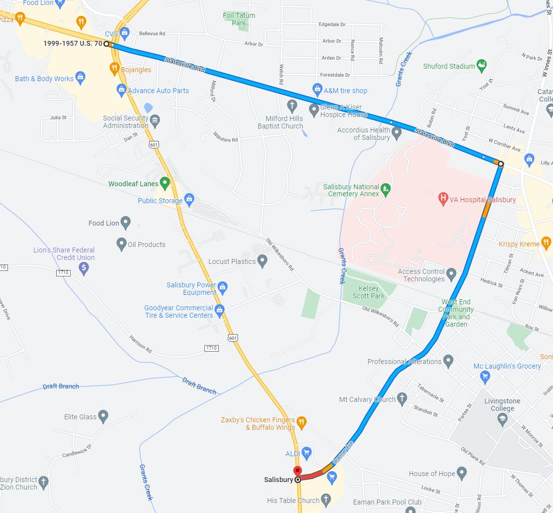 Traffic Advisory: Jake Alexander Blvd. will be closed at the Woodleaf Lanes/Industrial Ave. location, due to a natural gas leak. Piedmont Natural Gas is working the scene. Motorists will need to utilize Brenner Ave. and Statesville Blvd during the road closure (blue line).