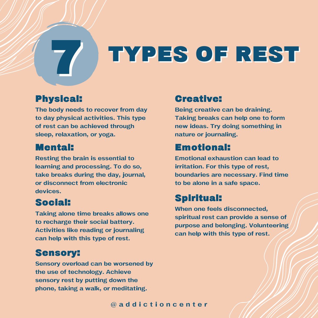 While physical rest is perhaps the most well-known, did you know there are actually 7 different types? Pay mind and tend to your body when you start to feel apathetic or overwhelmed.

#rest #selflove #worth #comfort #nurture #addictioncenter