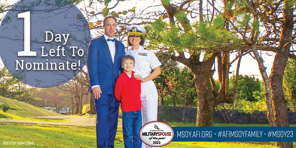 MilSpoOfTheYear's tweet photo. Nominations for the 2023 Armed Forces Insurance Military Spouse of the Year® award close tomorrow! Make sure you nominate a military spouse today at https://t.co/WJrLCv52S1. #AFIMSOYFAMILY #MSOY23 https://t.co/aMKPTESvKF