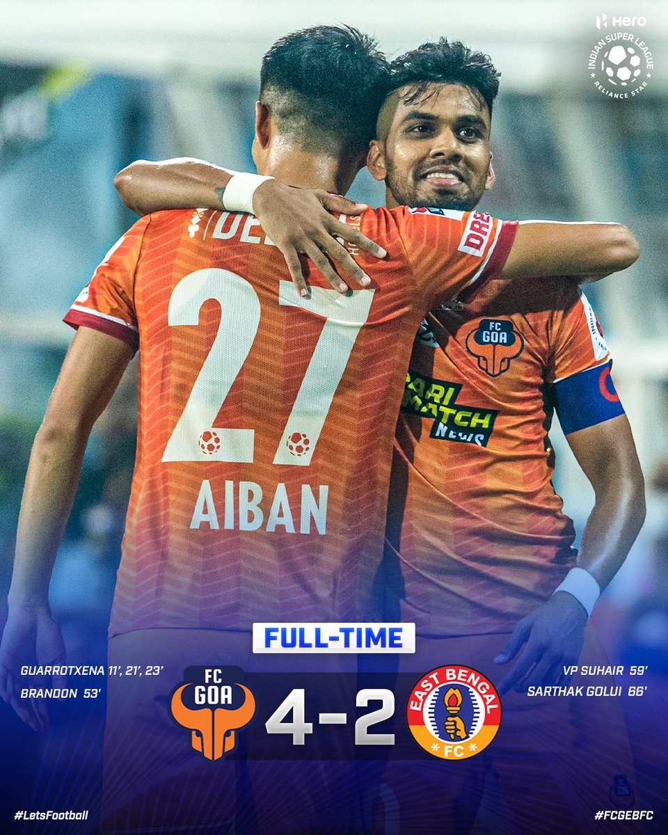 IndSuperLeague's tweet photo. An impressive hat-trick by @iguarrotxena and a stunning @BrandonFern10 free-kick earn @FCGoaOfficial a comfortable victory at home!
#FCGEBFC #HeroISL #LetsFooball #FCGoa #EastBengalFC https://t.co/atW5HNFaFI