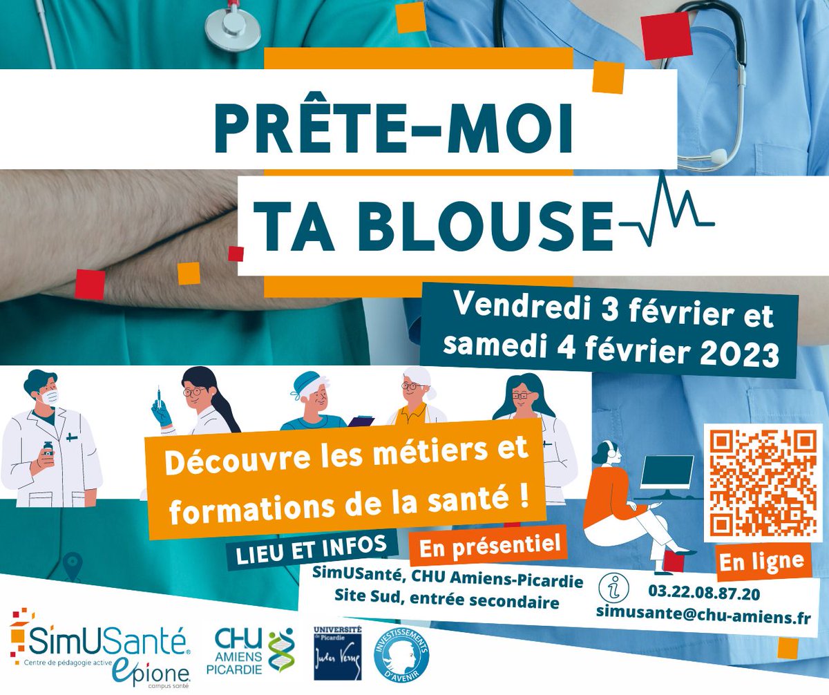 CHUAmiens's tweet image. [🏥 #Orientation] Vous souhaitez devenir acteur de santé ?

👉 Participez à #PrêteMoitaBlouse avec @cpasimusante et @UPJV_Univ 
📅 3 février pour les scolaires
📅 4 février pour tous
💻 En présentiel &amp;amp; en distanciel (dès le 27 janvier) 

⬇️ + D'INFOS ⬇️
simusante.com/save-the-date-…