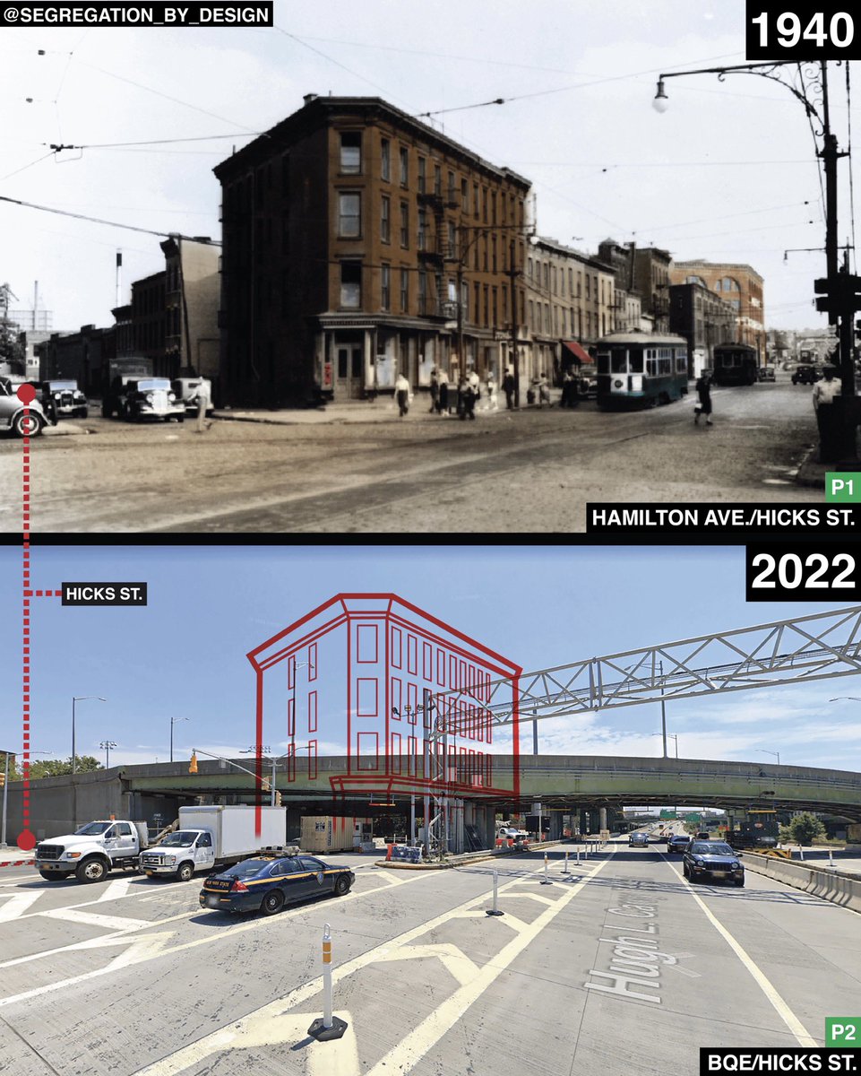 Hamilton Ave in Red Hook, Brooklyn, before-and-after the construction of the BQE. Designed by Robert Moses, the highway cut Red Hook in half along its central thoroughfares, Hamilton & Hicks, requiring the demolition of dozens of blocks and the forcible displacement of thousands.