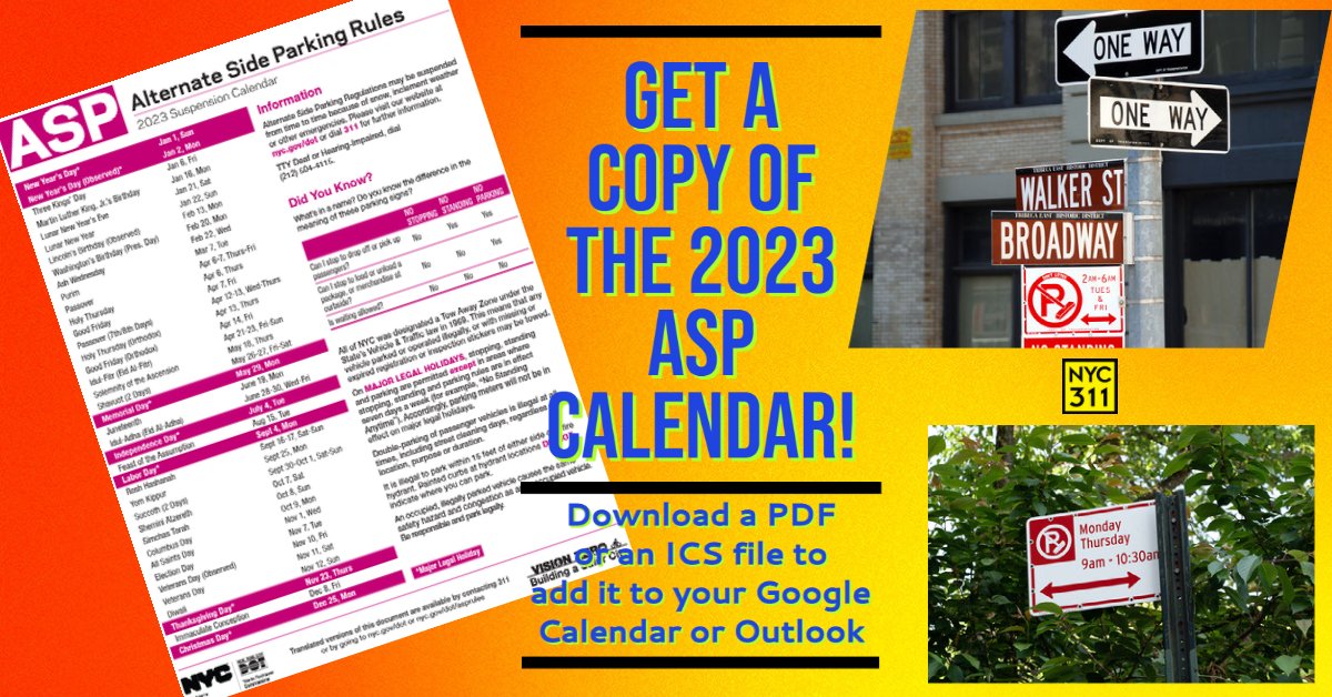 nyc311's tweet photo. 📣 🚗 It's not too late to download the 2023 ASP Calendar!
Download a printable version or learn how you can import it into your Google Calendar or Microsoft Outlook at the link in our bio!
#NYCASP #alternateside #asp #alternatesideparking #nycalternatesideparking #nycparking https://t.co/hzO01HdxFn