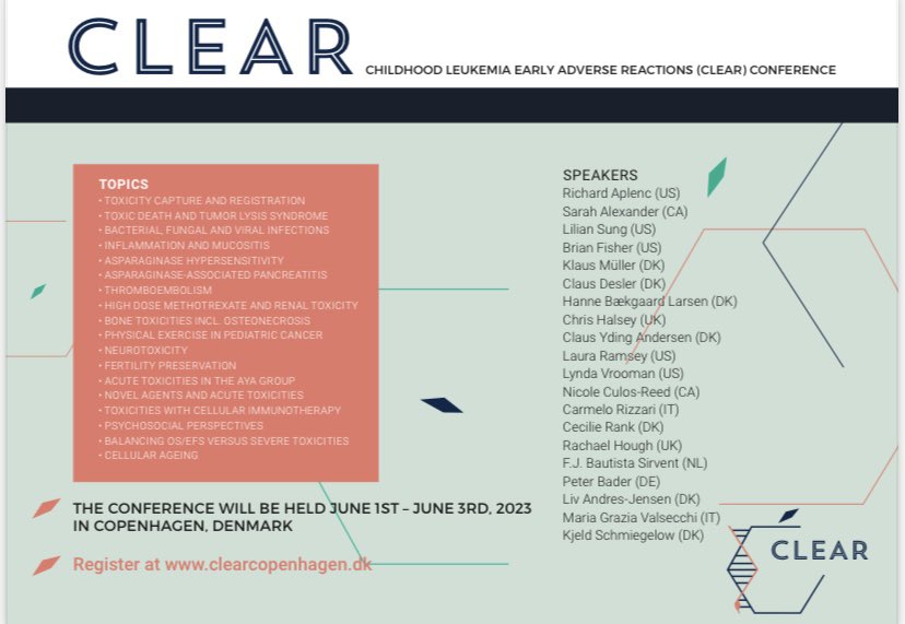 Join the #CLEARconference on early adverse reactions to childhood #leukemia. June 1st, 2nd &amp; 3rd 2023 in Copenhagen. See more and register at clearcopenhagen.dk