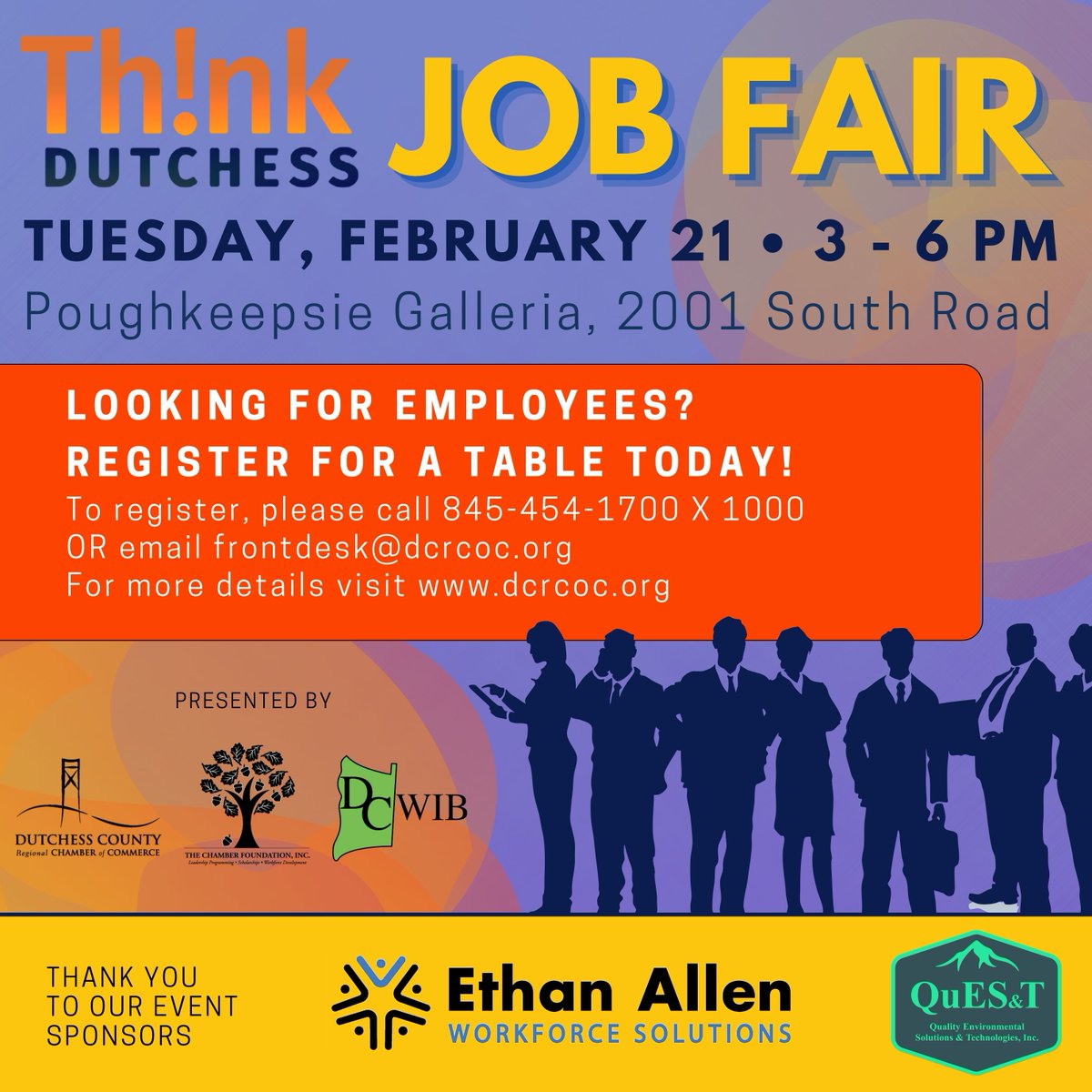 If your business is actively recruiting job seekers, register now for the Th!nkDutchess Job Fair on 2/21 at the Poughkeepsie Galleria. See full details at DCRCOC.org/jobfair. #jobfair #dutchesscounty #hiring