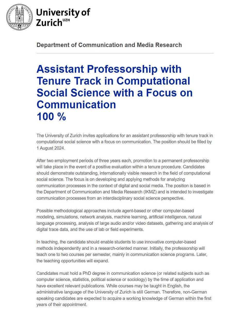 Call for applications: We are looking for an Assistant Professor (TT) in #Computational Social Science with a focus on #communication! 📢

📄 Applications due: 1 Mar ‘23
▶️ Latest start date: 1 Aug ‘24
🔗 More info: jobs.uzh.ch/offene-stellen…

Spread the word! 🙏 <a href="/dgpuk_meth/">DGPuK Methoden</a> <a href="/ica_cm/">ICA Comp Methods</a>