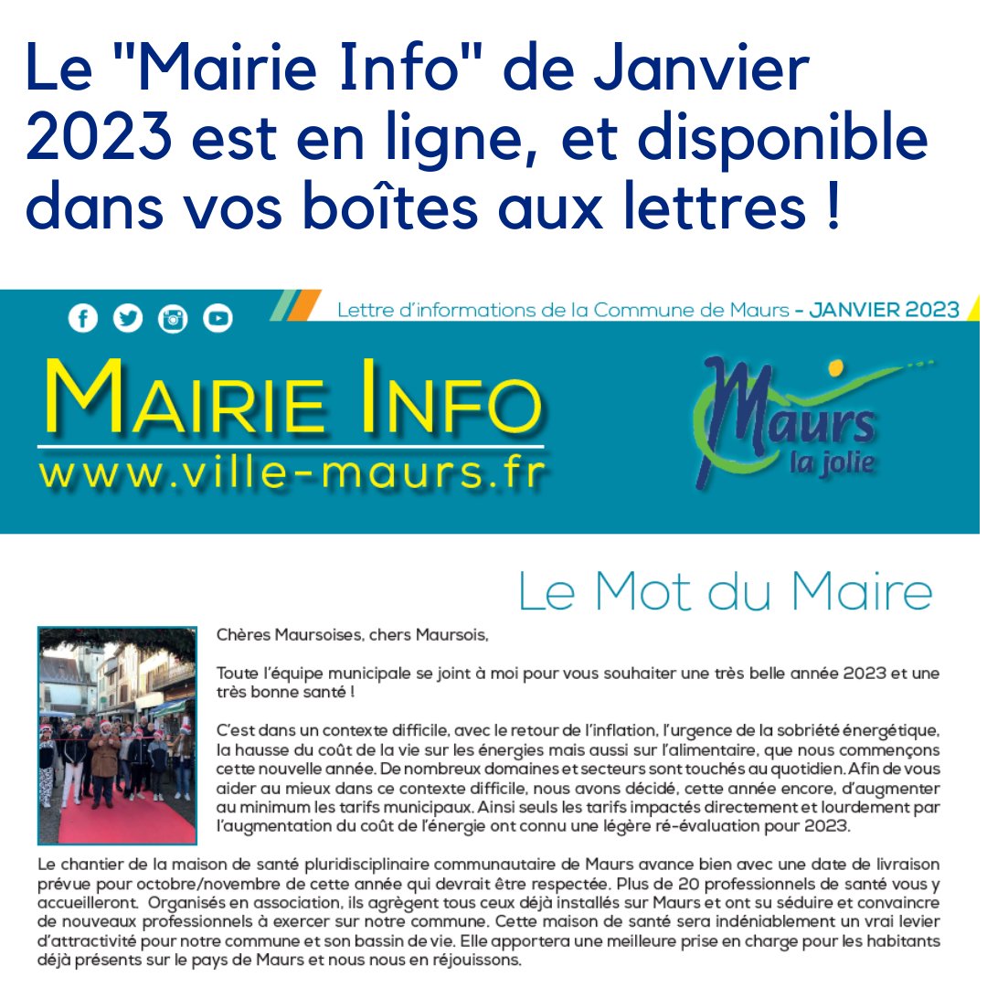 Le "Mairie Info" de la commune de #Maurs de Janvier 2023 est en ligne ! 

"Mairie Info" à lire via le lien suivant 😉
➡ bit.ly/3RbqRs5