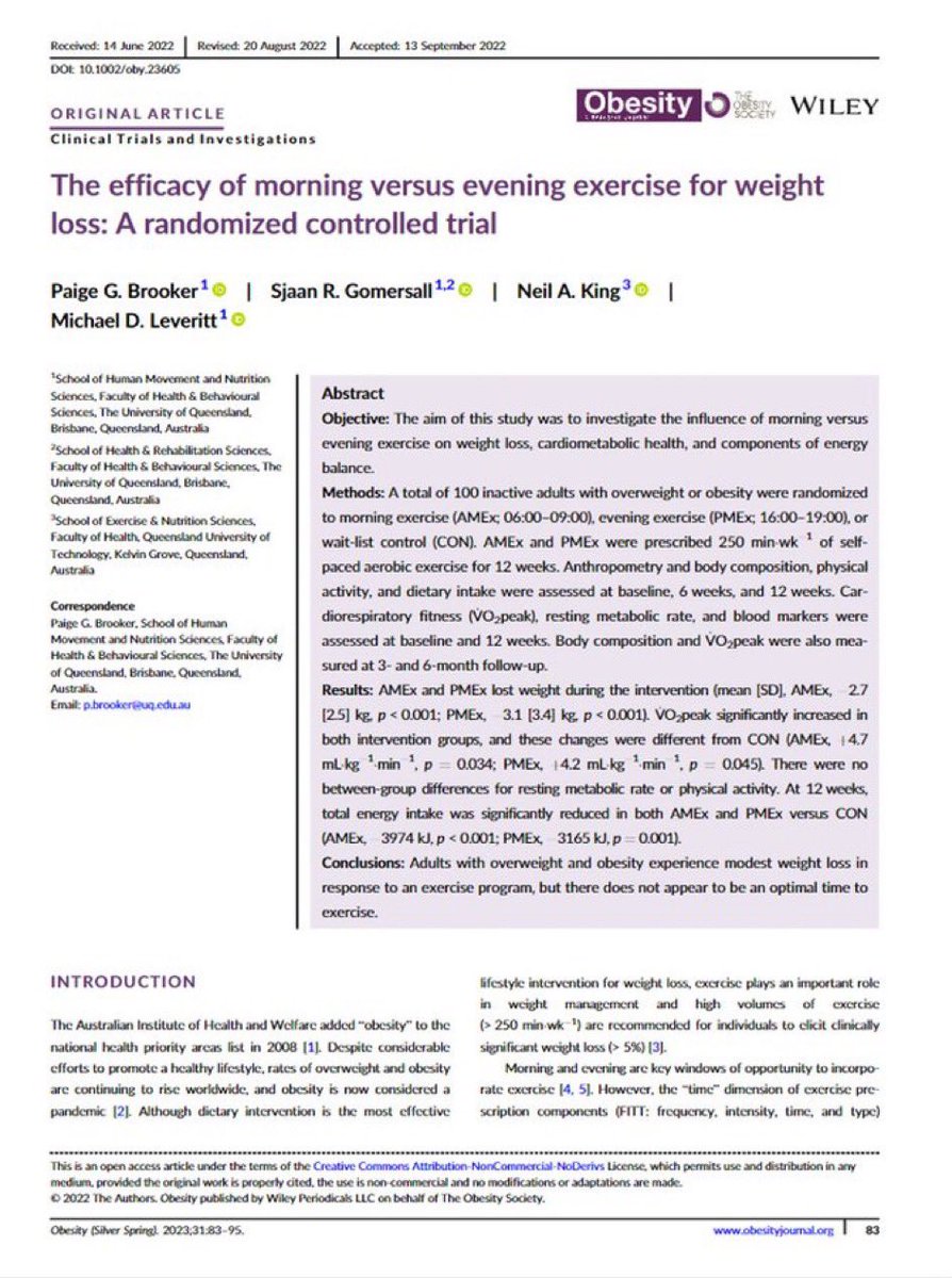 🏃‍♀️ Exercise at night is optimal vs. morning? 💡 Evening exercise led to: ⬆️ weight loss & ⬆️ VO2 peak vs. morning exercise Key paper- Please Retweet! onlinelibrary.wiley.com/doi/10.1002/ob…