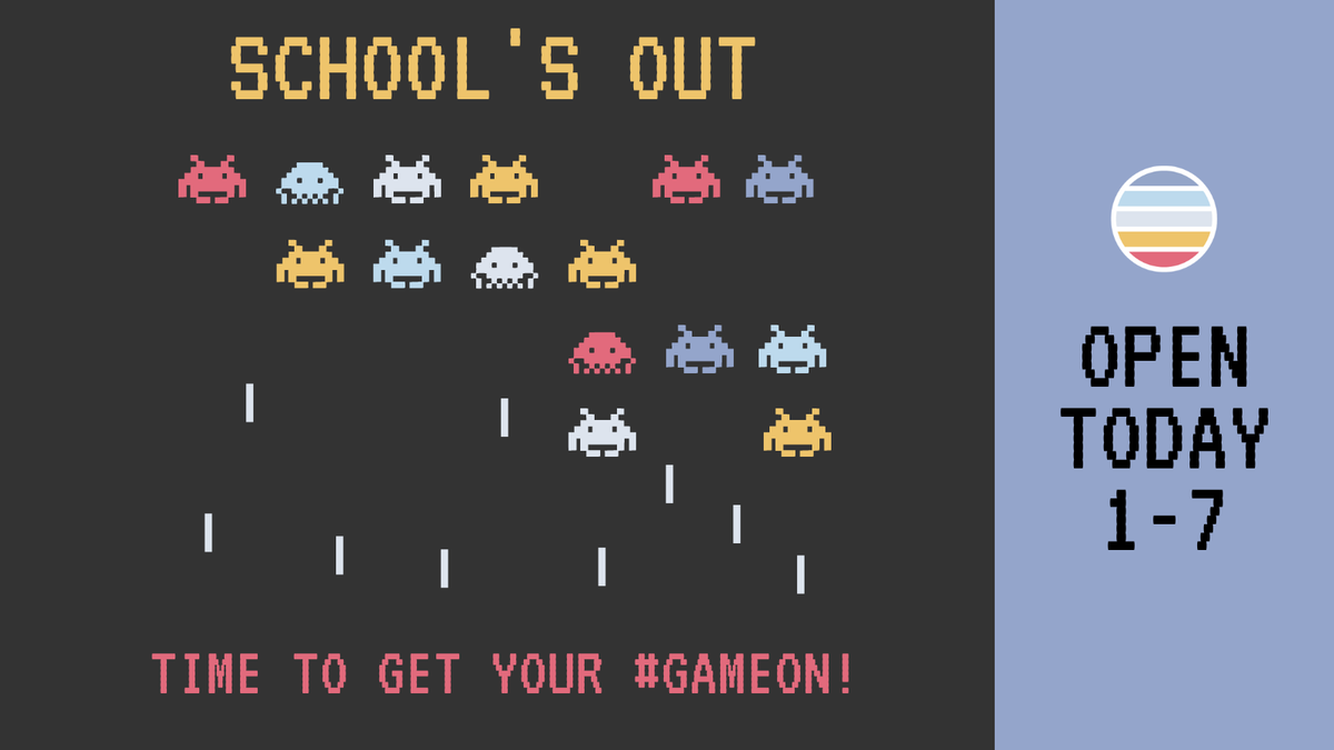 gameonstate's tweet photo. Midterms are DONE &amp; the kids need a break from school!! Send your kids over to @GameOnState for loads of fun! 
#MidtermsDONE📚#GameOn 👾#GameOnState🕹️ https://t.co/fkgK4lCe66