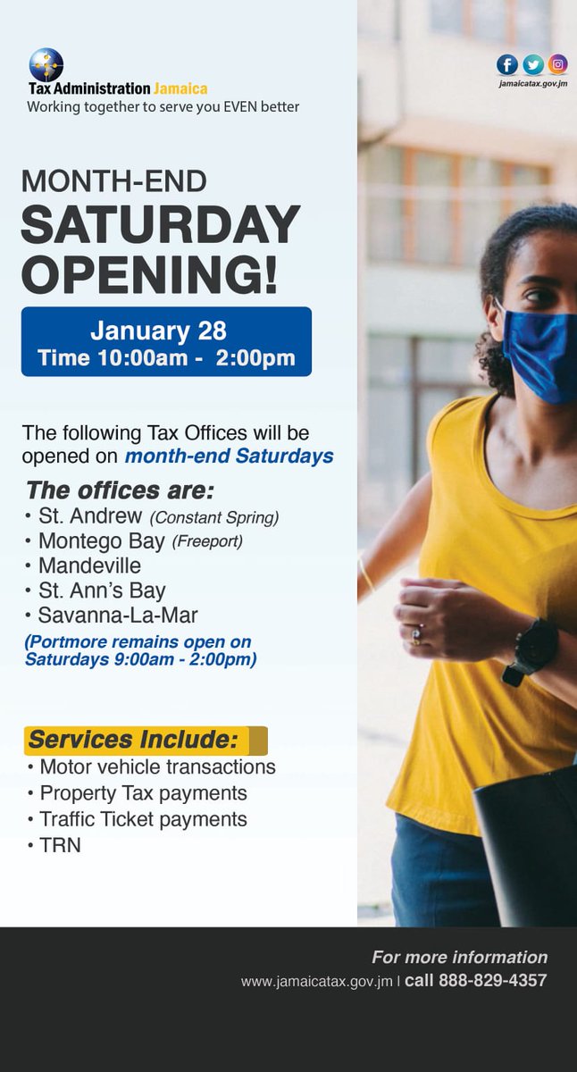 This Saturday, several #TaxOffices will be open & every last Saturday (10am - 2pm) & Portmore (9am-2pm). #TaxServicespondiWEEKEND @MOFJamaica @atiunitjamaica @Petchary @onthegroundjm @Jacisera100@JISNews @SunCityNewsDesk @LoveFMJAMAICA @IRIEFM_NEWS @cliffnationwide