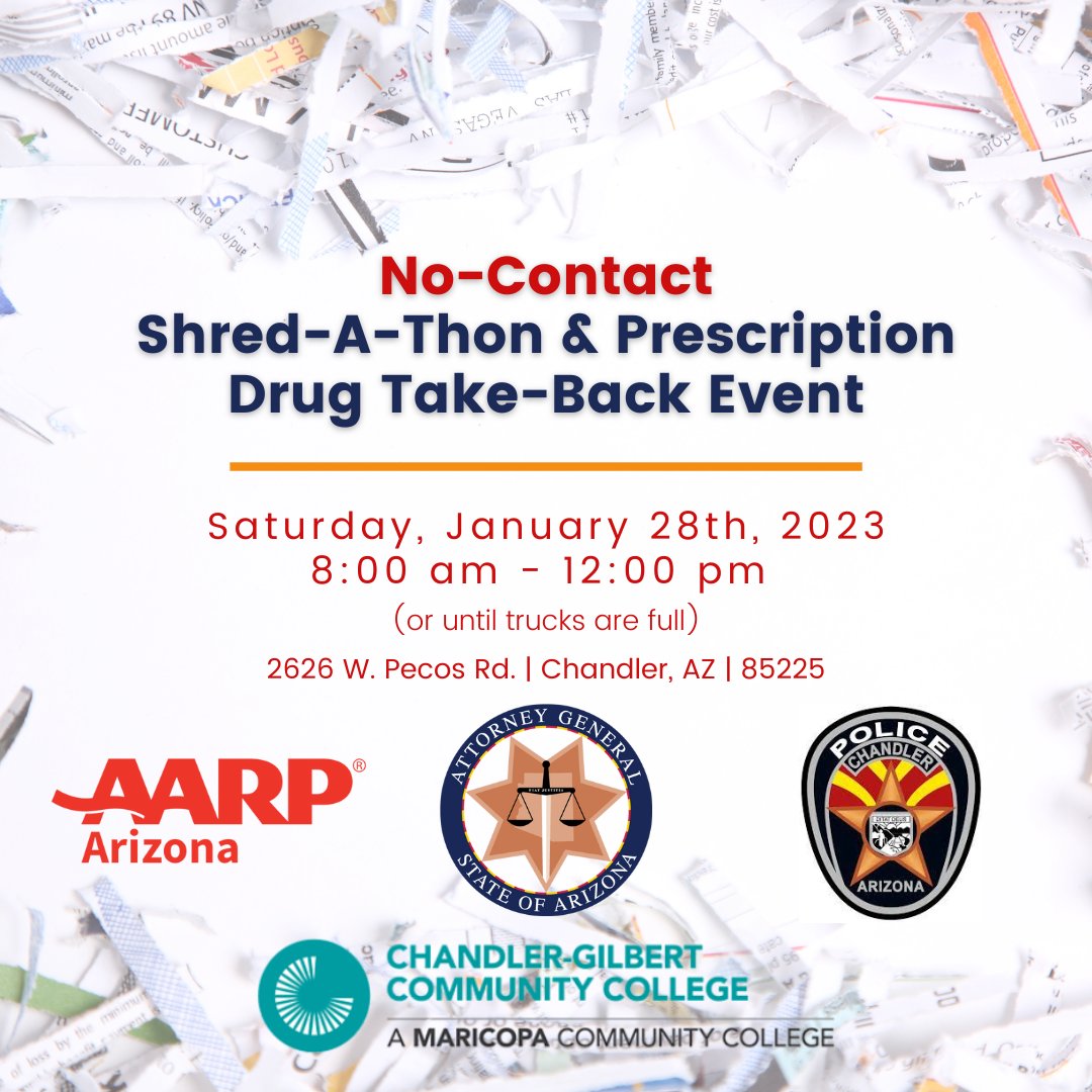 Join Arizona Attorney General <a href="/AZAGMayes/">AZ Attorney General Kris Mayes</a>'s office tomorrow for a Shred-A-Thon &amp; Drug Take-Back event! We’re partnering with <a href="/ChandlerPolice/">Chandler Police</a>, and <a href="/AARPArizona/">AARP Arizona</a> to bring you this free event. For more info go to azag.gov/outreach/shred…