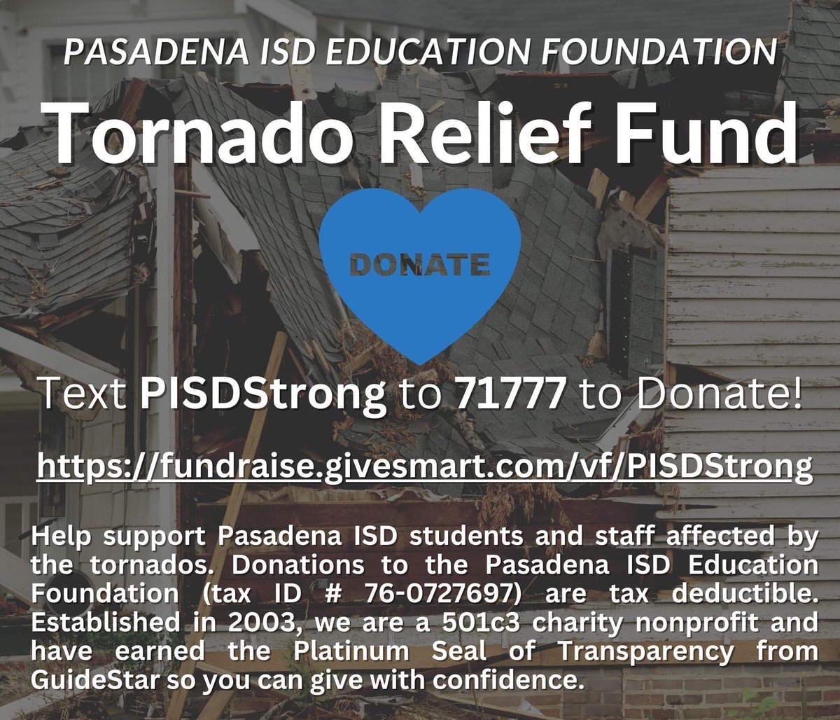 🚨In an effort to provide much-needed support to the students &amp; staff of Pasadena ISD who were affected, the Edu. Foundation has set up an online donation page for the Tornado Relief Fund: fundraise.givesmart.com/vf/PISDStrong. 

Any amount would be appreciated! 

Please share 🙏