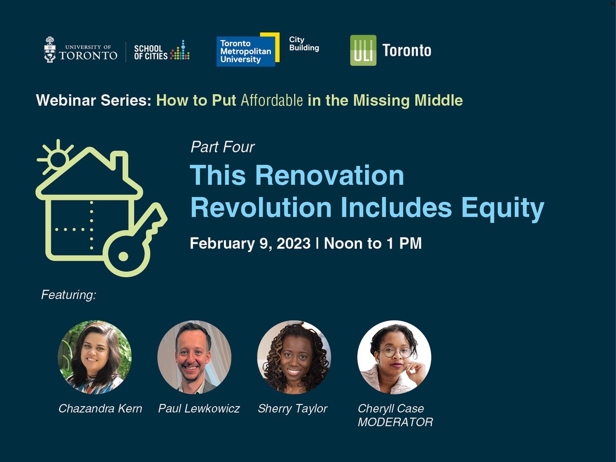 CityBuildingTMU's tweet photo. Up-zoned *and* equitable -- how #missingmiddle strategies can facilitate #equity and #inclusion. Explore w/ our panel Feb 9 moderated by @CheryllCase: Chazandra Kern @Office_of_, Paul Lewkowicz of Region of Peel, and Sherry Taylor @DCLTNC. Info: https://t.co/69lG0qFh4j https://t.co/rb9YNtrIsG