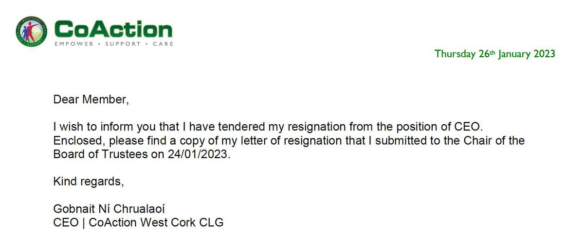 CoactionParents's tweet photo. The CEO of CoAction West Cork  Gobnait Ni Chrualaoi has today tendered her resignation. While no one likes to see someone lose their job this was inevitable @COSullivanTD @HollyCairnsTD @MichaelC_IND_TD @voteTimLombard @C103Cork @SouthernStarIRL @RedFMNews @fussireland https://t.co/evewRQkkjG