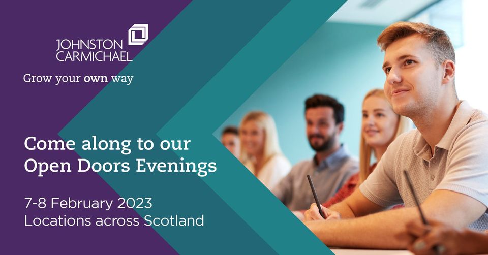 If you’re in S4 - S6 and planning your next steps after leaving school, go along to Johnston Carmichael's Open Doors Evenings! 

More info and book your place, here: bit.ly/3iJY6WN

#Careers #StudentRecruitment #EarlyCareers #JCFutures