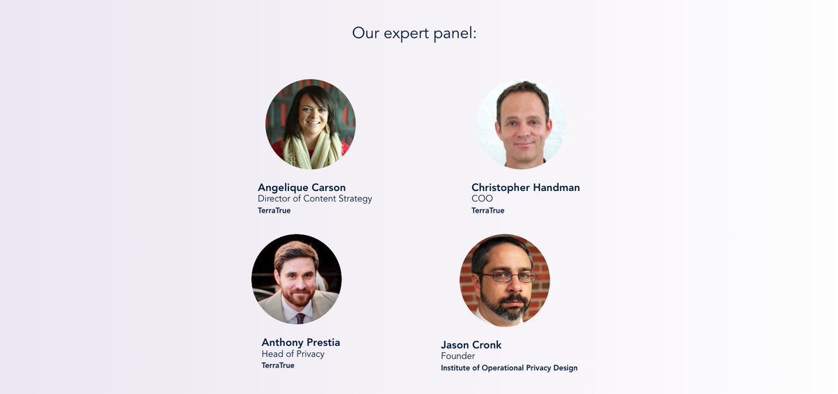 TerraTrueHQ's tweet photo. It's almost time! We're celebrating Data Privacy Day by talking about How to (actually) do privacy by design. We'd love if you'd join us TODAY at 10 am Pacific, 1 pm Eastern. We even took a screenshot of the speakers for you, cuz, faces! 
Register here: https://t.co/RBVdAozy8h https://t.co/Bja6zCzcBE
