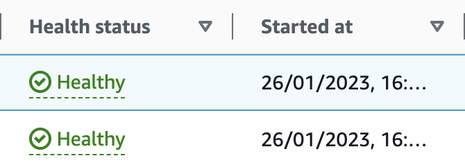 Screenshot of the AWS ECS console which shows info on running tasks. There's a "Started at" column which shows absolute date-times, but truncated, e.g. "26/01/2023, 16:…".